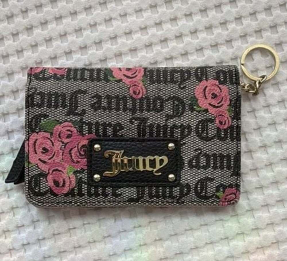 Juicy Couture Black and White Logo Floral Print Bifold Snap Wallet with Keychain